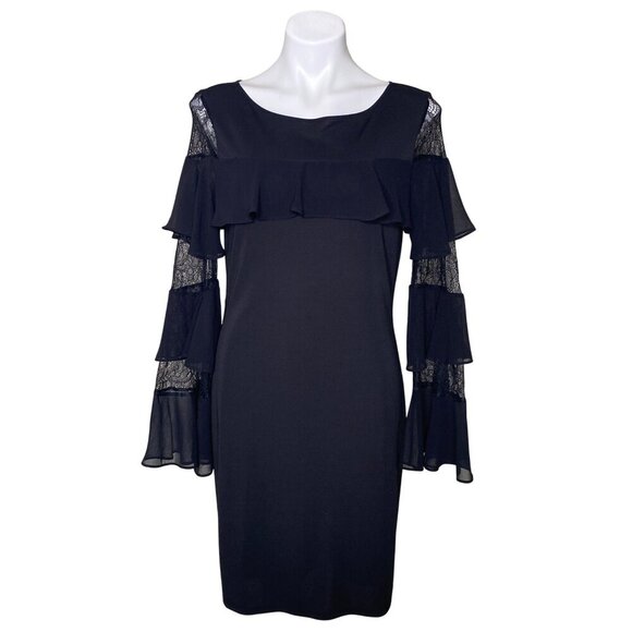 White House Black Market Black Lace Sheath Dress, Long Bell Sleeve Women's M - Picture 3 of 13